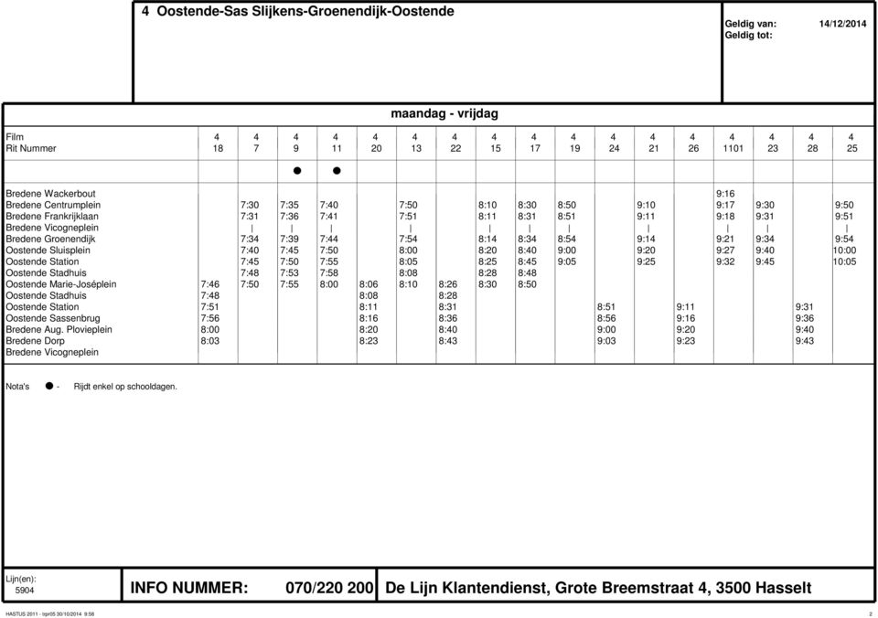 Station 7:45 7:50 7:55 8:05 8:25 8:45 9:05 9:25 9:32 9:45 10:05 Oostende Stadhuis 7:48 7:53 7:58 8:08 8:28 8:48 Oostende Marie-Joséplein 7:46 7:50 7:55 8:00 8:06 8:10 8:26 8:30 8:50 Oostende Stadhuis