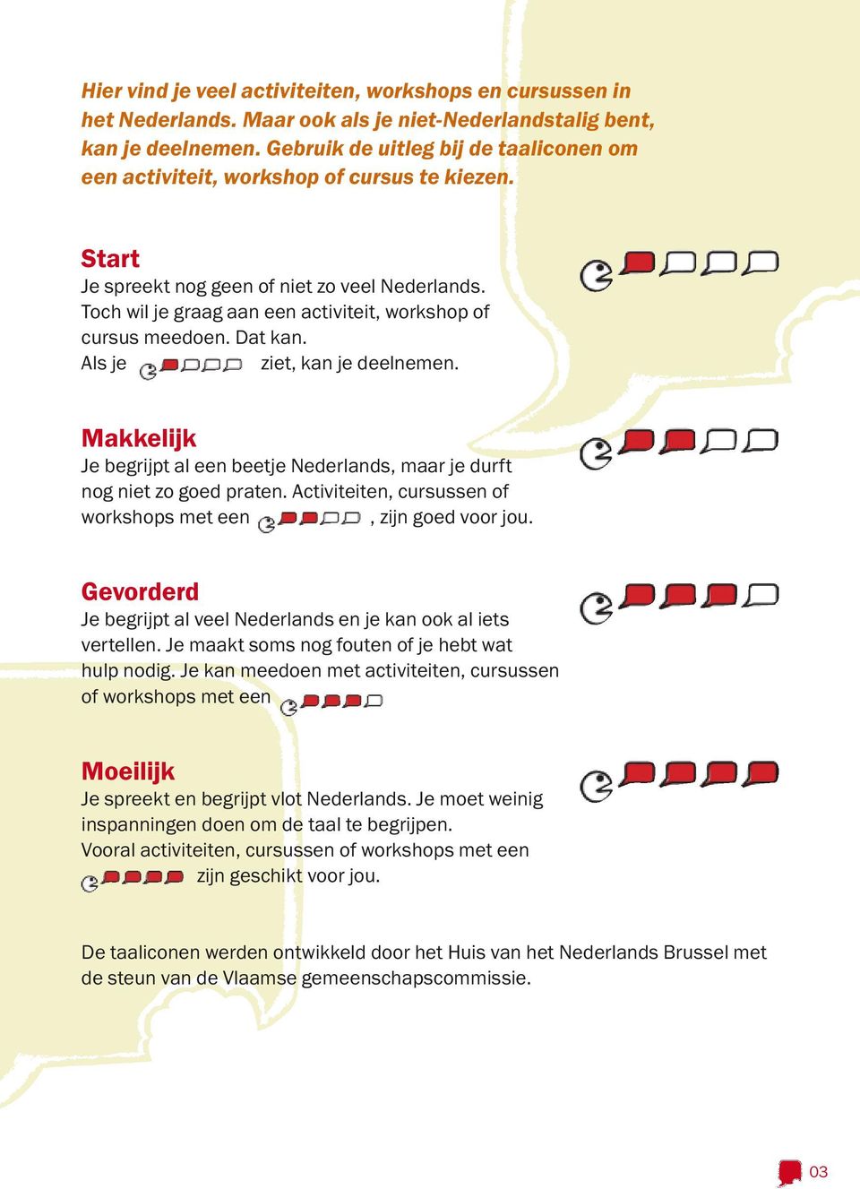 Toch wil je graag aan een activiteit, workshop of cursus meedoen. Dat kan. Als je ziet, kan je deelnemen. Makkelijk Je begrijpt al een beetje Nederlands, maar je durft nog niet zo goed praten.