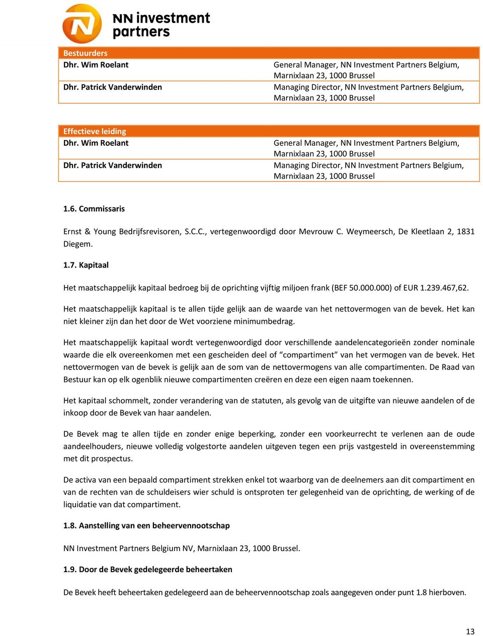 Wim Roelant Dhr. Patrick Vanderwinden General Manager, NN Investment Partners Belgium, Marnixlaan 23, 1000 Brussel Managing Director, NN Investment Partners Belgium, Marnixlaan 23, 1000 Brussel 1.6.