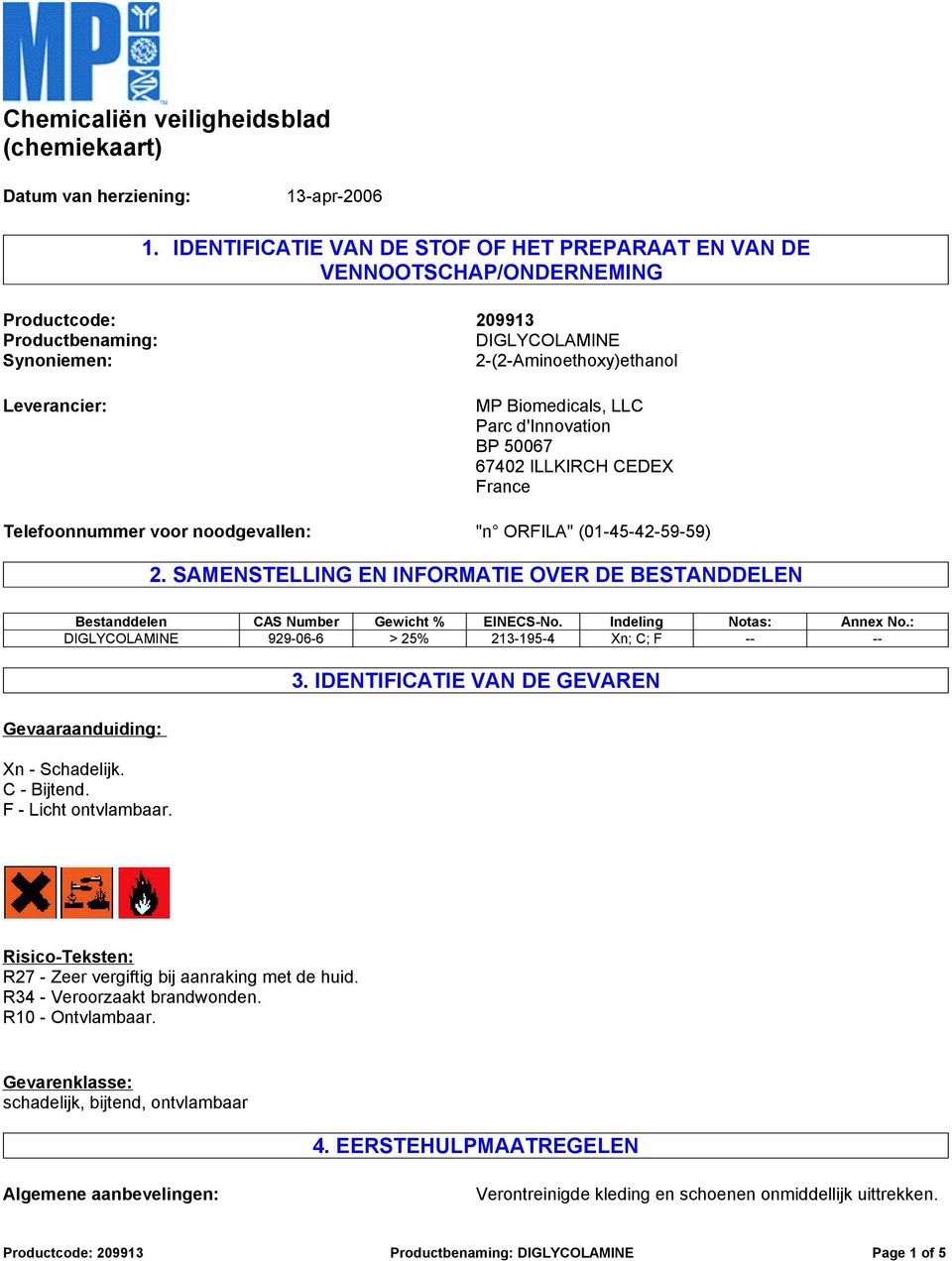 CEDEX France Telefoonnummer voor noodgevallen: "n ORFILA" (01-45-42-59-59) 2. SAMENSTELLING EN INFORMATIE OVER DE BESTANDDELEN Bestanddelen CAS Number Gewicht % EINECS-No. Indeling Notas: Annex No.