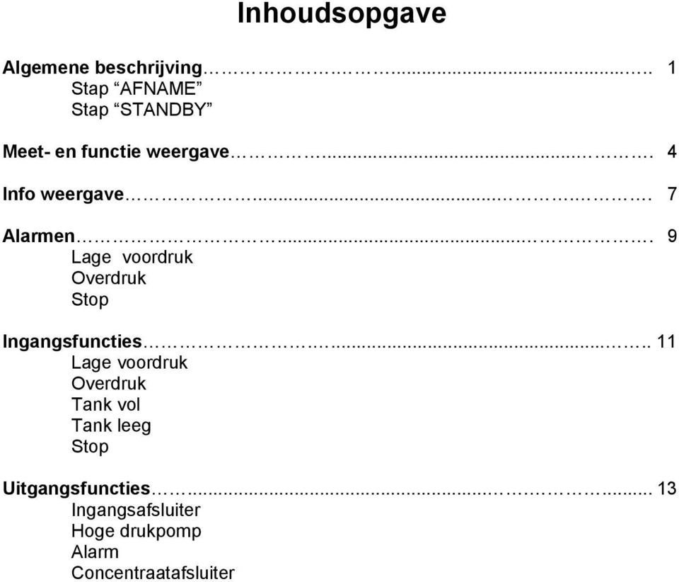 .... 7 Alarmen.... 9 Lage voordruk Overdruk Stop Ingangsfuncties.