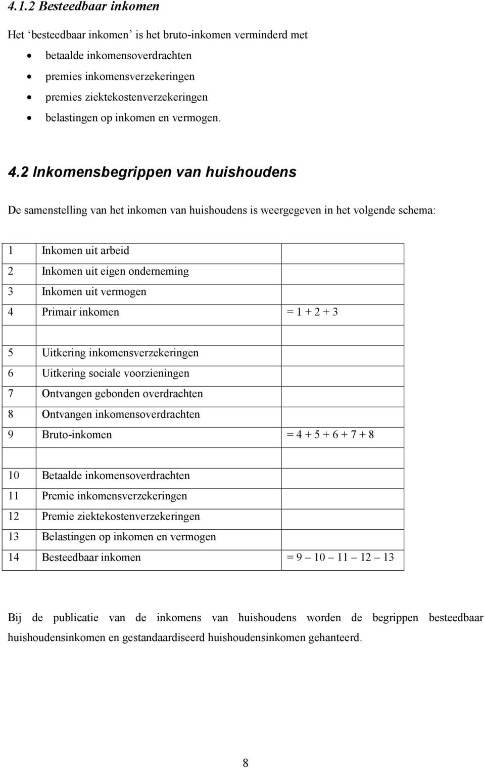 2 Inkomensbegrippen van huishoudens De samenstelling van het inkomen van huishoudens is weergegeven in het volgende schema: 1 Inkomen uit arbeid 2 Inkomen uit eigen onderneming 3 Inkomen uit vermogen