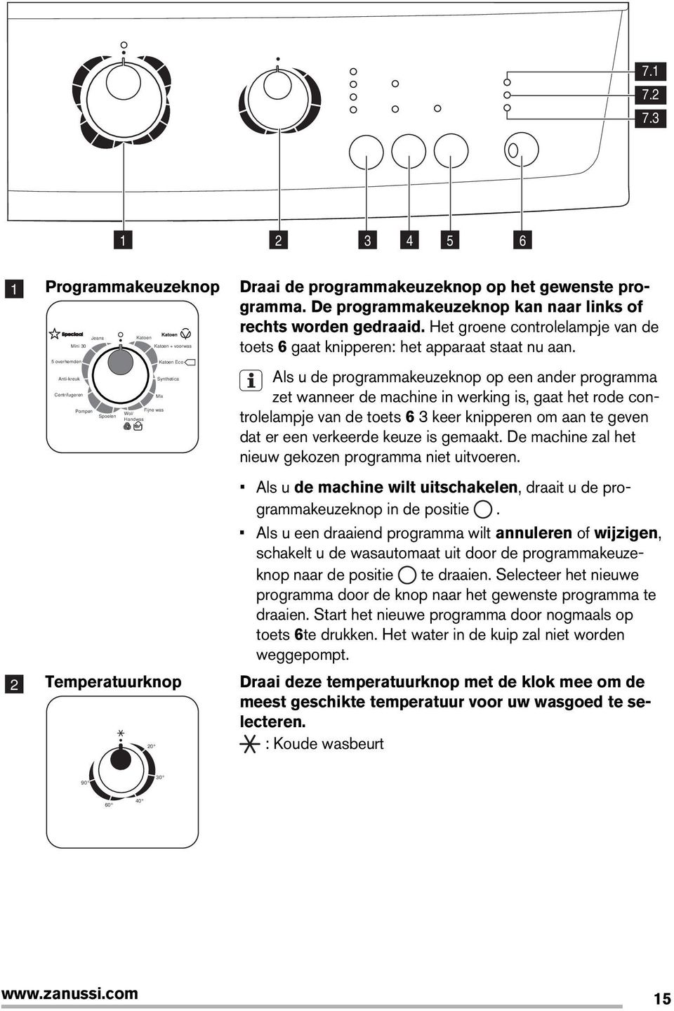 Draai de programmakeuzeknop op het gewenste programma. De programmakeuzeknop kan naar links of rechts worden gedraaid.