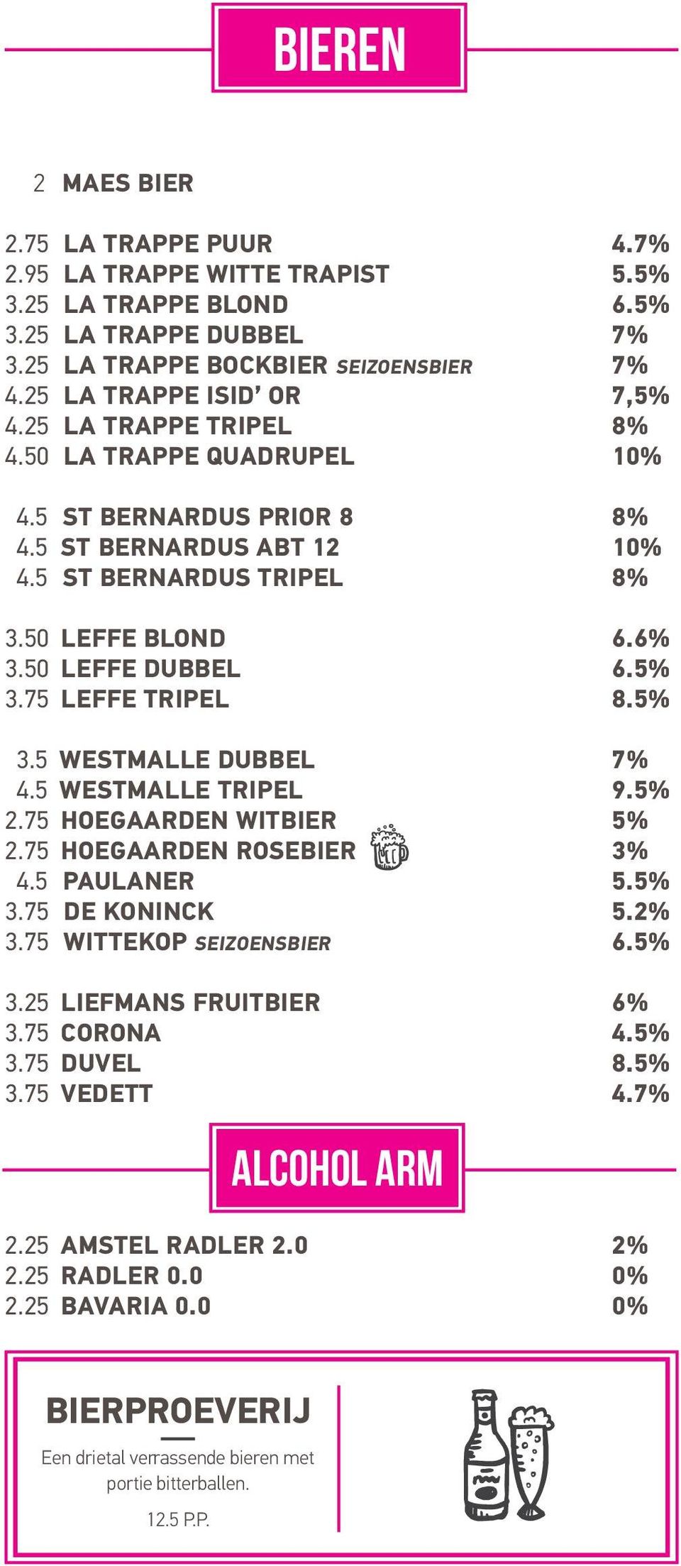 5% 3.5 WESTMALLE DUBBEL 7% 4.5 WESTMALLE TRIPEL 9.5% 2.75 HOEGAARDEN WITBIER 5% 2.75 HOEGAARDEN ROSEBIER 3% 4.5 PAULANER 5.5% 3.75 DE KONINCK 5.2% 3.75 WITTEKOP SEIZOENSBIER 6.5% 3.25 LIEFMANS FRUITBIER 6% 3.