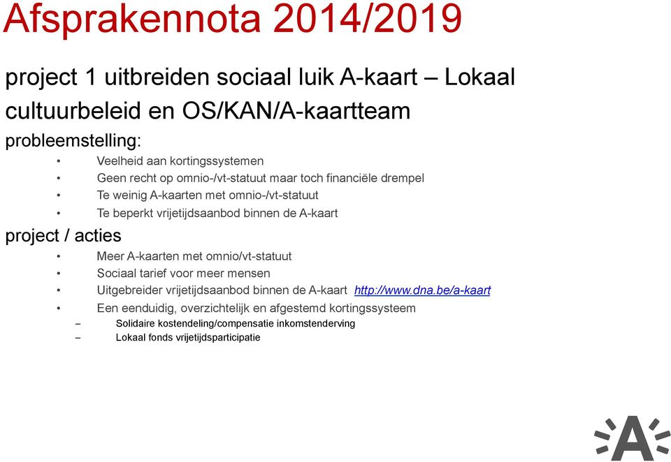 binnen de A-kaart project / acties Meer A-kaarten met omnio/vt-statuut Sociaal tarief voor meer mensen Uitgebreider vrijetijdsaanbod binnen de A-kaart