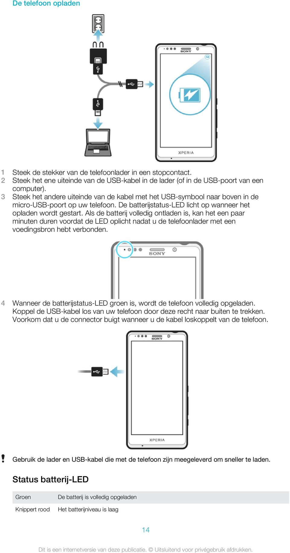 Als de batterij volledig ontladen is, kan het een paar minuten duren voordat de LED oplicht nadat u de telefoonlader met een voedingsbron hebt verbonden.