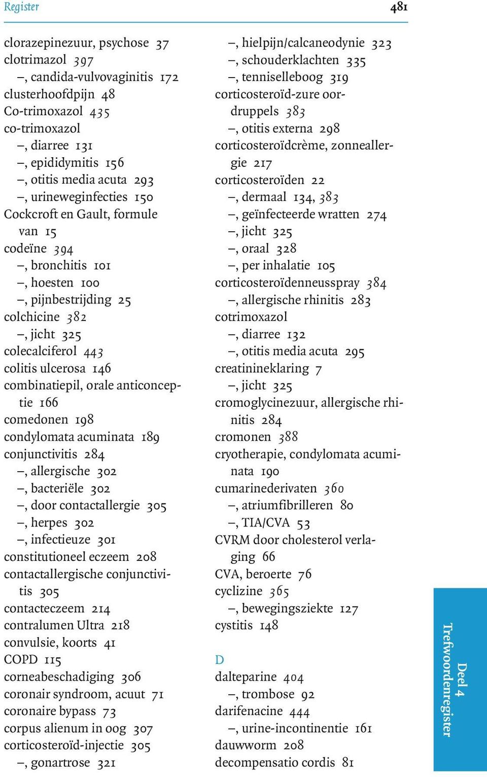 9, pijnbestrijding 25 colchicine 382 colecalciferol 443 colitis ulcerosa 146 combinatiepil, orale anticonceptie 166 comedonen 198 condylomata acuminata 189 conjunctivitis 284 $)G!