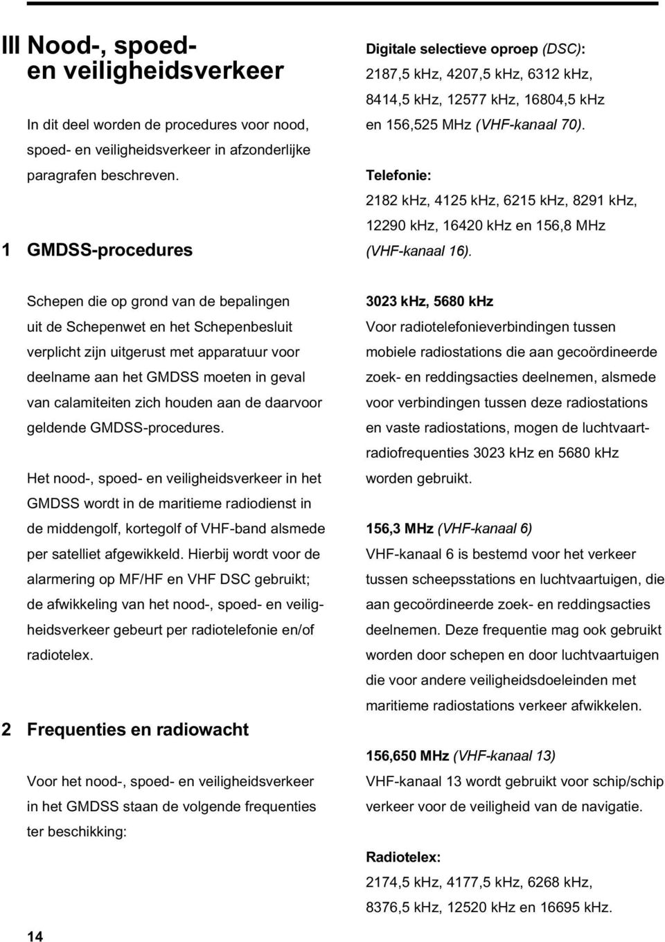 Telefonie: 2182 khz, 4125 khz, 6215 khz, 8291 khz, 12290 khz, 16420 khz en 156,8 MHz (VHF-kanaal 16).