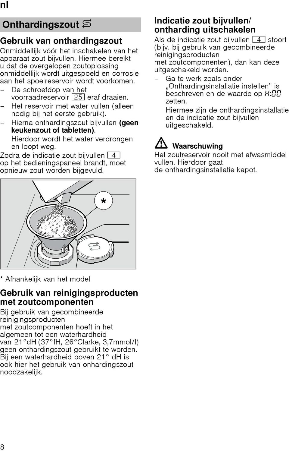 Het reservoir met water vullen (alleen nodig bij het eerste gebruik). Hierna onthardingszout bijvullen (geen keukenzout of tabletten). Hierdoor wordt het water verdrongen en loopt weg.