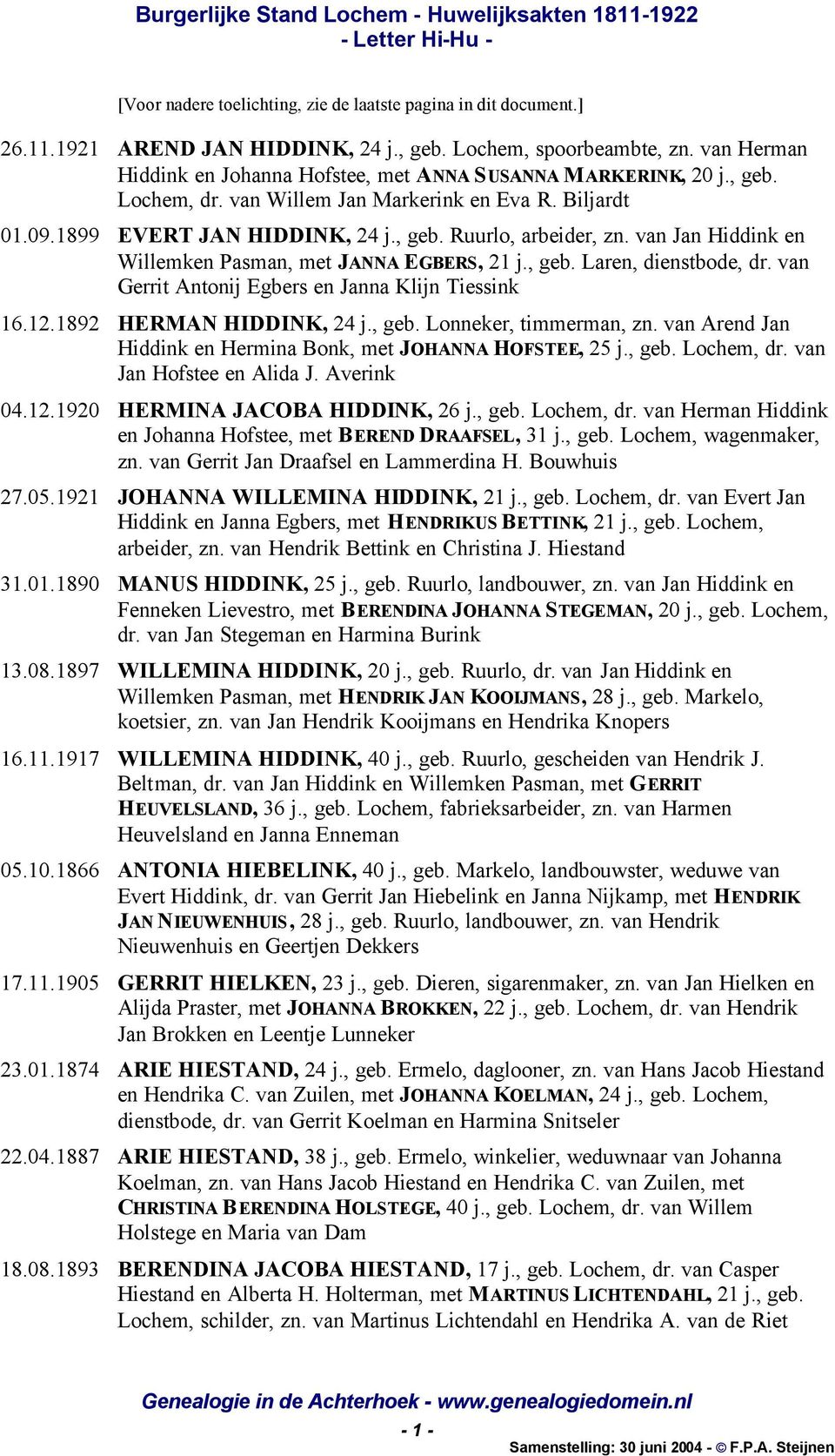 van Jan Hiddink en Willemken Pasman, met JANNA EGBERS, 21 j., geb. Laren, dienstbode, dr. van Gerrit Antonij Egbers en Janna Klijn Tiessink 16.12.1892 HERMAN HIDDINK, 24 j., geb. Lonneker, timmerman, zn.