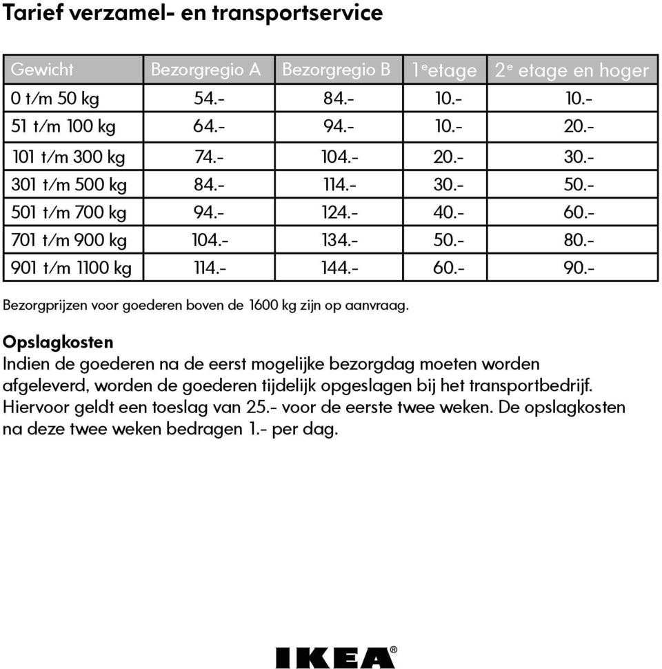 - 60.- 90.- Bezorgprijzen voor goederen boven de 1600 kg zijn op aanvraag.