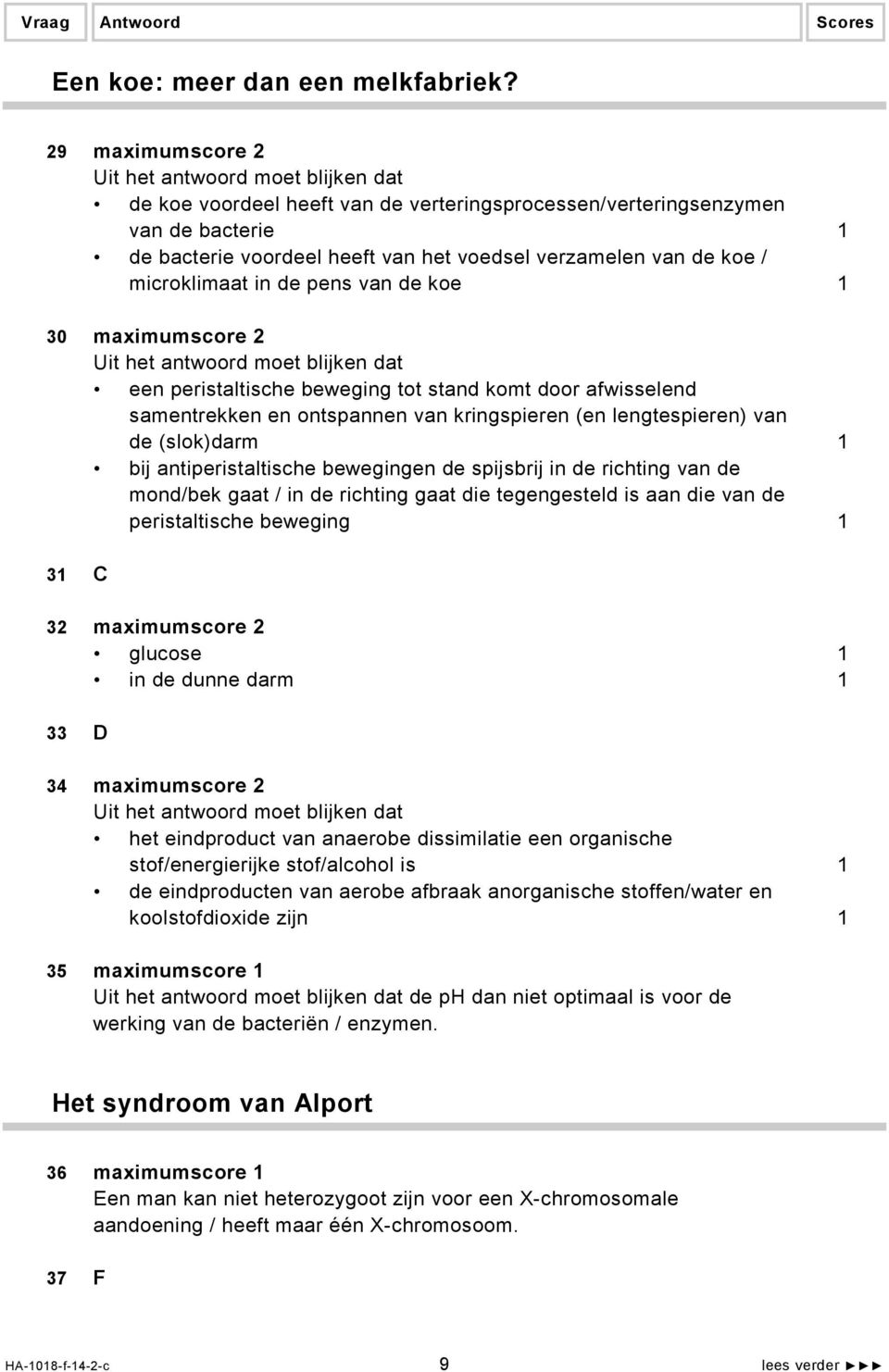 de koe 1 30 maximumscore 2 een peristaltische beweging tot stand komt door afwisselend samentrekken en ontspannen van kringspieren (en lengtespieren) van de (slok)darm 1 bij antiperistaltische