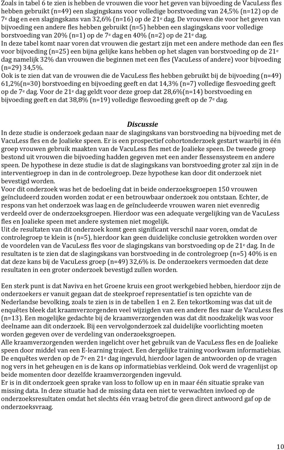 De vrouwen die voor het geven van bijvoeding een andere fles hebben gebruikt (n=) hebben een slagingskans voor volledige borstvoeding van % (n=) op de e dag en % (n=) op de e dag.