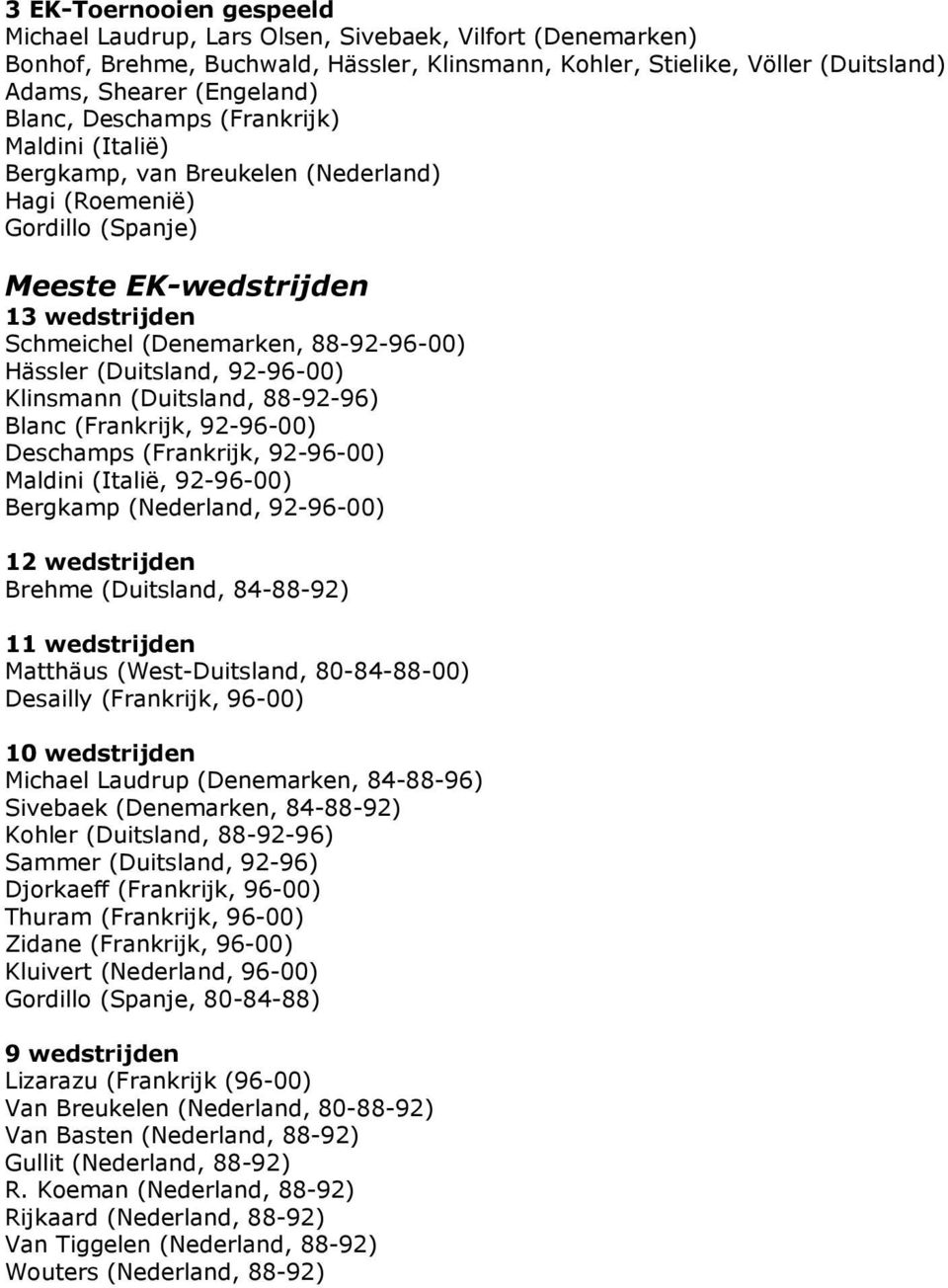 (Duitsland, 92-96-00) Blanc (Frankrijk, 92-96-00) Deschamps (Frankrijk, 92-96-00) Maldini (Italië, 92-96-00) Bergkamp (Nederland, 92-96-00) 12 wedstrijden Brehme (Duitsland, 84-88-92) 11 wedstrijden