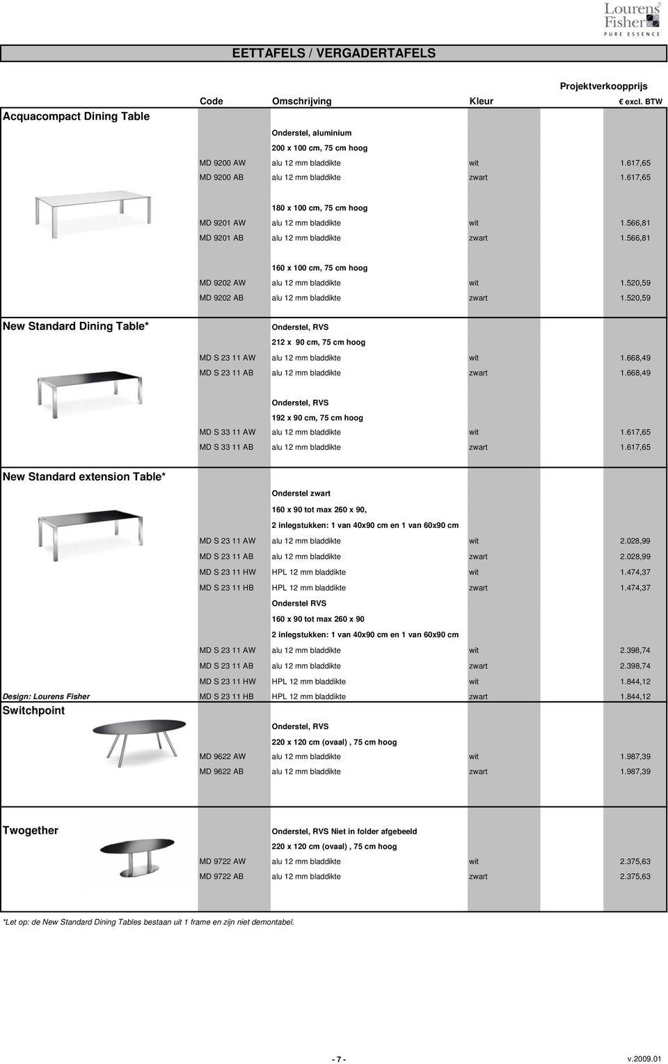 520,59 MD 9202 AB alu 12 mm bladdikte zwart 1.520,59 New Standard Dining Table* Onderstel, RVS 212 x 90 cm, 75 cm hoog MD S 23 11 AW alu 12 mm bladdikte wit 1.