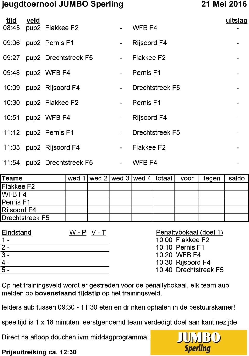 F1 Rijsoord F4 Drechtstreek F5 Eindstand W - P V - T Penaltybokaal (doel 1) 1-10:00 Flakkee F2 2-10:10 Pernis F1 3-10:20 WFB F4 4-10:30 Rijsoord F4 5-10:40 Drechtstreek F5 leiders aub tussen