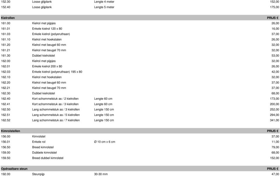 00 Kielrol met pijpjes 32,00 162.01 Enkele kielrol 200 x 80 26,00 162.03 Enkele kielrol (polyeruthaan) 195 x 80 42,00 162.10 Kielrol met hoekstalen 32,00 162.20 Kielrol met beugel 60 mm 37,00 162.