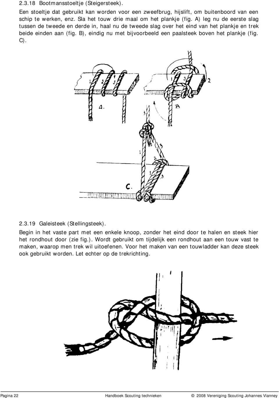 B), eindig nu met bijvoorbeeld een paalsteek boven het plankje (fig. C). 2.3.19 Galeisteek (Stellingsteek).