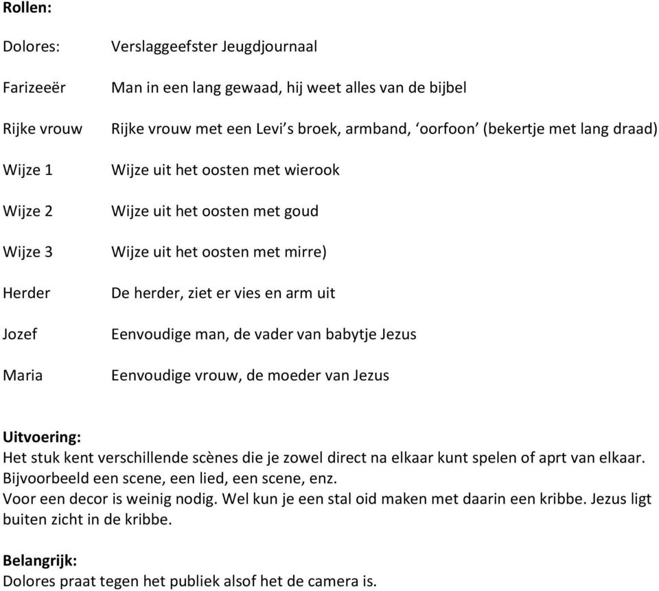 babytje Jezus Eenvoudige vrouw, de moeder van Jezus Uitvoering: Het stuk kent verschillende scènes die je zowel direct na elkaar kunt spelen of aprt van elkaar.