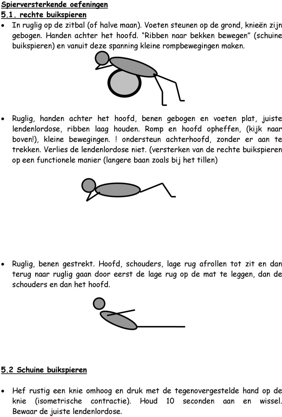 Ruglig, handen achter het hoofd, benen gebogen en voeten plat, juiste lendenlordose, ribben laag houden. Romp en hoofd opheffen, (kijk naar boven!), kleine bewegingen.