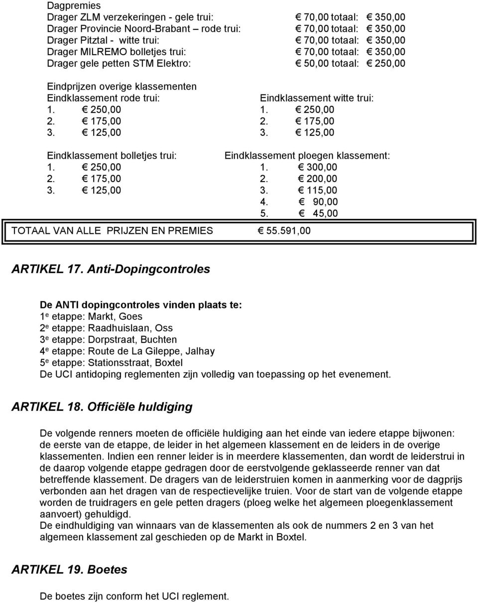 175,00 2. 175,00 3. 125,00 3. 125,00 Eindklassement bolletjes trui: Eindklassement ploegen klassement: 1. 250,00 1. 300,00 2. 175,00 2. 200,00 3. 125,00 3. 115,00 4. 90,00 5.