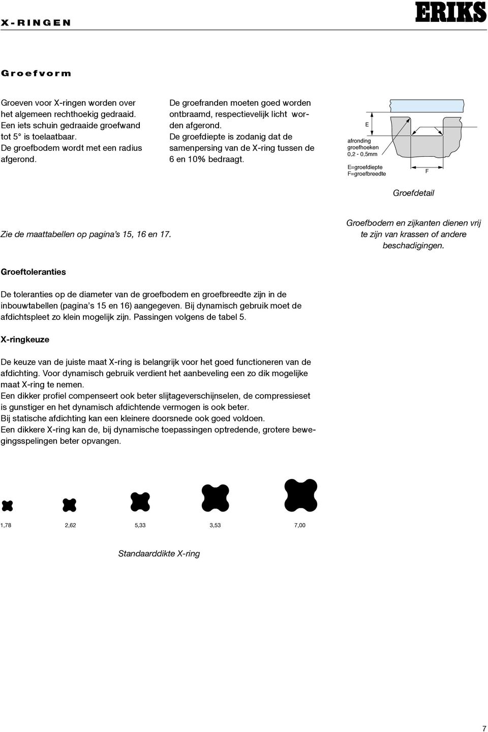 De groefdiepte is zodanig dat de samenpersing van de X-ring tussen de 6 en 10% bedraagt.