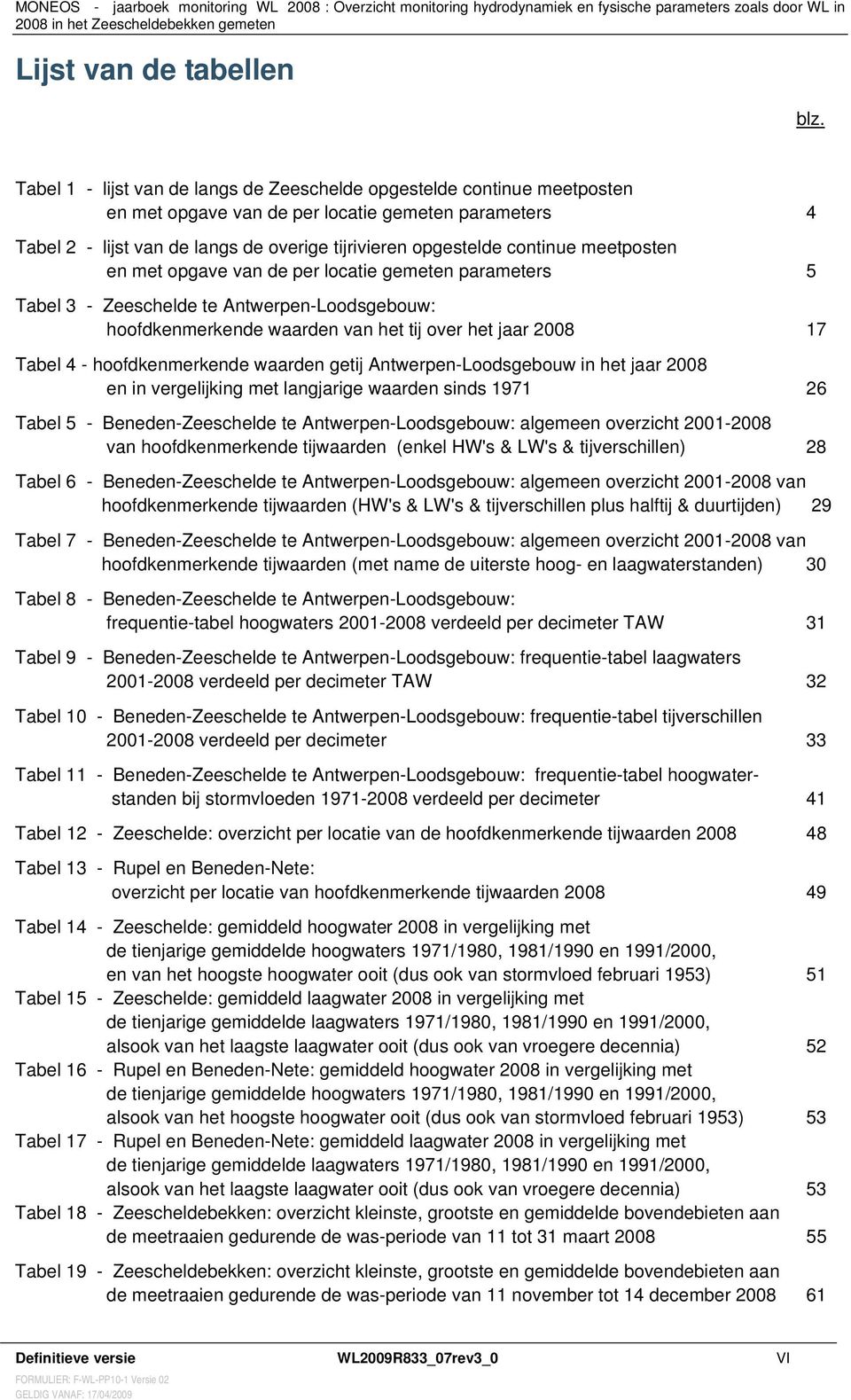 meetposten en met opgave van de per locatie gemeten parameters 5 Tabel 3 - Zeeschelde te Antwerpen-Loodsgebouw: hoofdkenmerkende waarden van het tij over het jaar 2008 17 Tabel 4 - hoofdkenmerkende