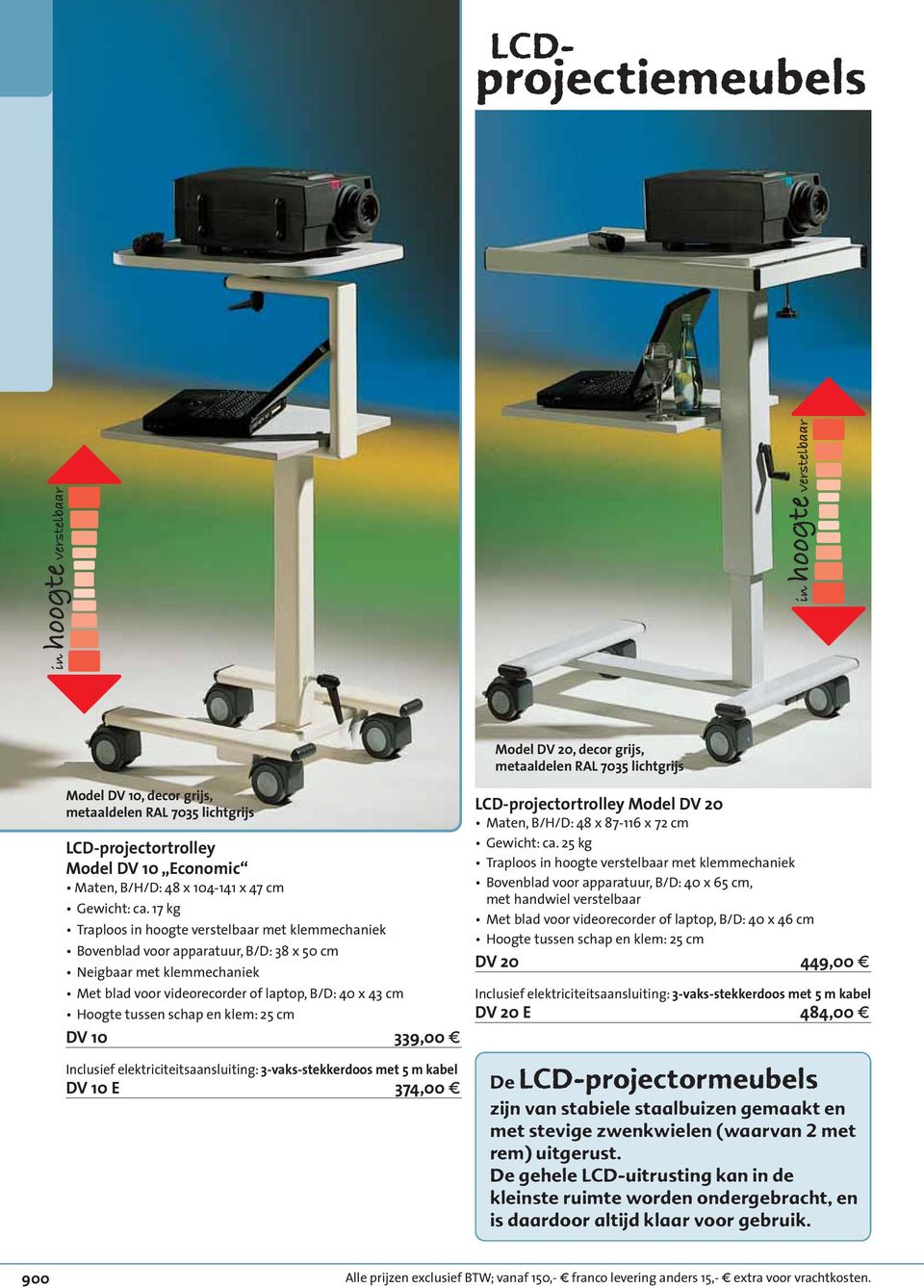 17 kg Traploos in hoogte verstelbaar met klemmechaniek Bovenblad voor apparatuur, B/D: 38 x 50 cm Neigbaar met klemmechaniek Met blad voor videorecorder of laptop, B/D: 40 x 43 cm Hoogte tussen schap