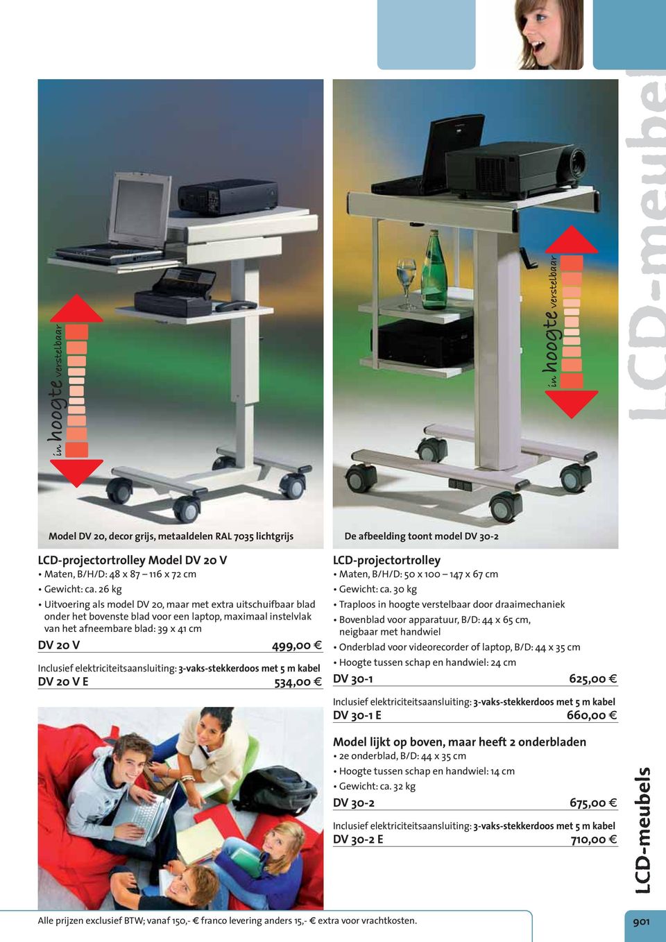 g De afbeelding toont model DV 30-2 LCD-projectortrolley Maten, B/H/D: 50 x 100 147 x 67 cm Gewicht: ca.