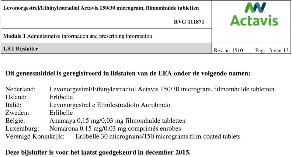 Actavis 150/30 microgram, filmomhulde tabletten IJsland: Erlibelle Italië: Levonorgestrel e Etinilestradiolo Aurobindo Zweden: Erlibelle