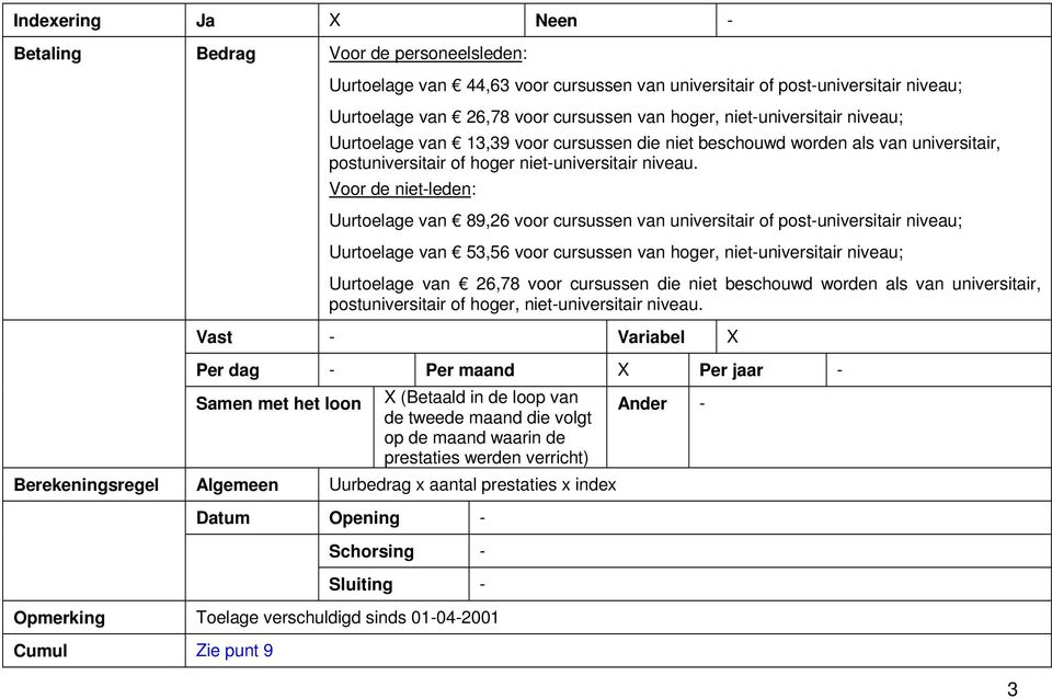 Voor de niet-leden: Uurtoelage van 89,26 voor cursussen van universitair of post-universitair niveau; Uurtoelage van 53,56 voor cursussen van hoger, niet-universitair niveau; Uurtoelage van 26,78