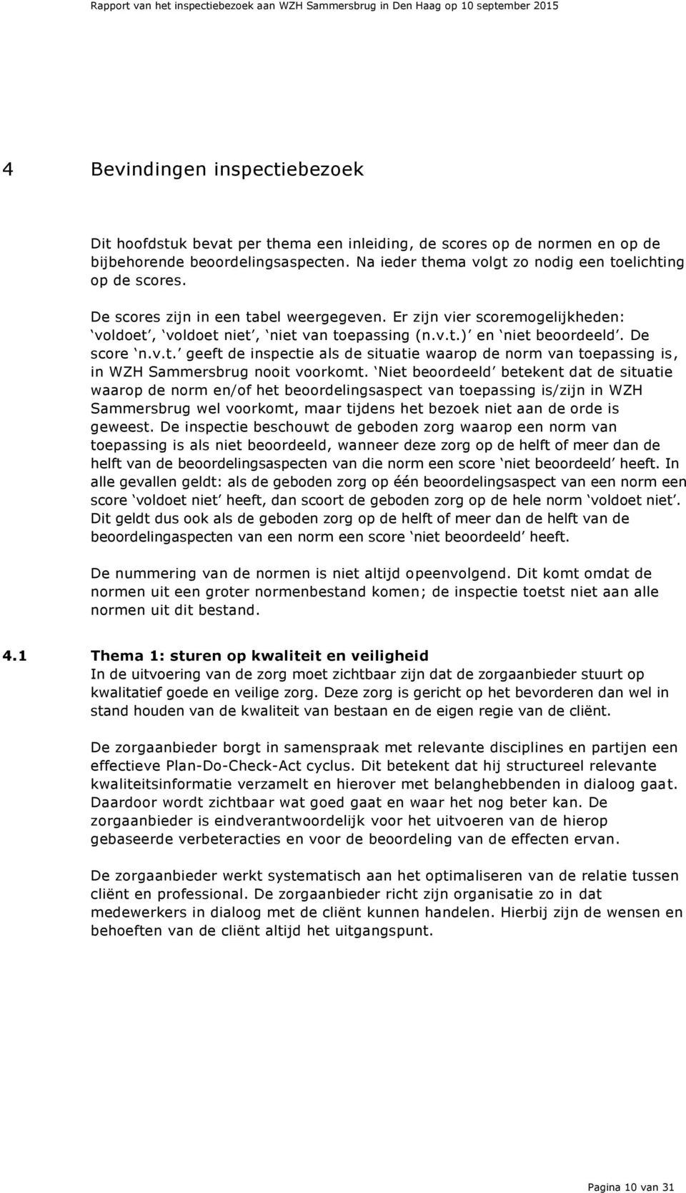 De score n.v.t. geeft de inspectie als de situatie waarop de norm van toepassing is, in WZH Sammersbrug nooit voorkomt.