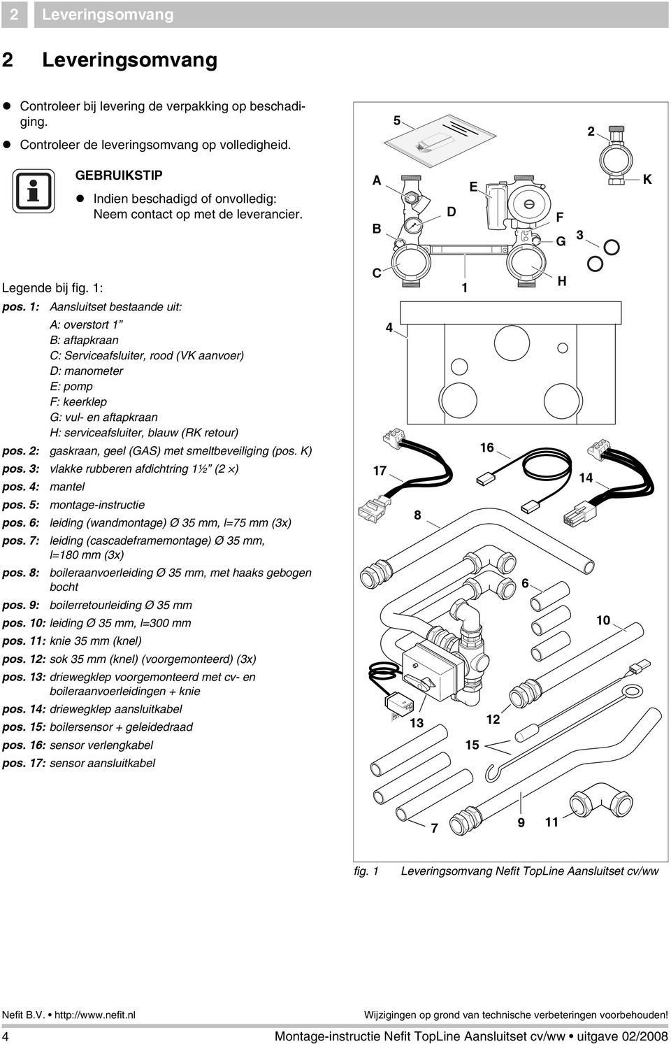 : Aansluitset bestaande uit: A: overstort B: aftapkraan C: Serviceafsluiter, rood (VK aanvoer) D: manometer E: pomp F: keerklep G: vul- en aftapkraan H: serviceafsluiter, blauw (RK retour) pos.