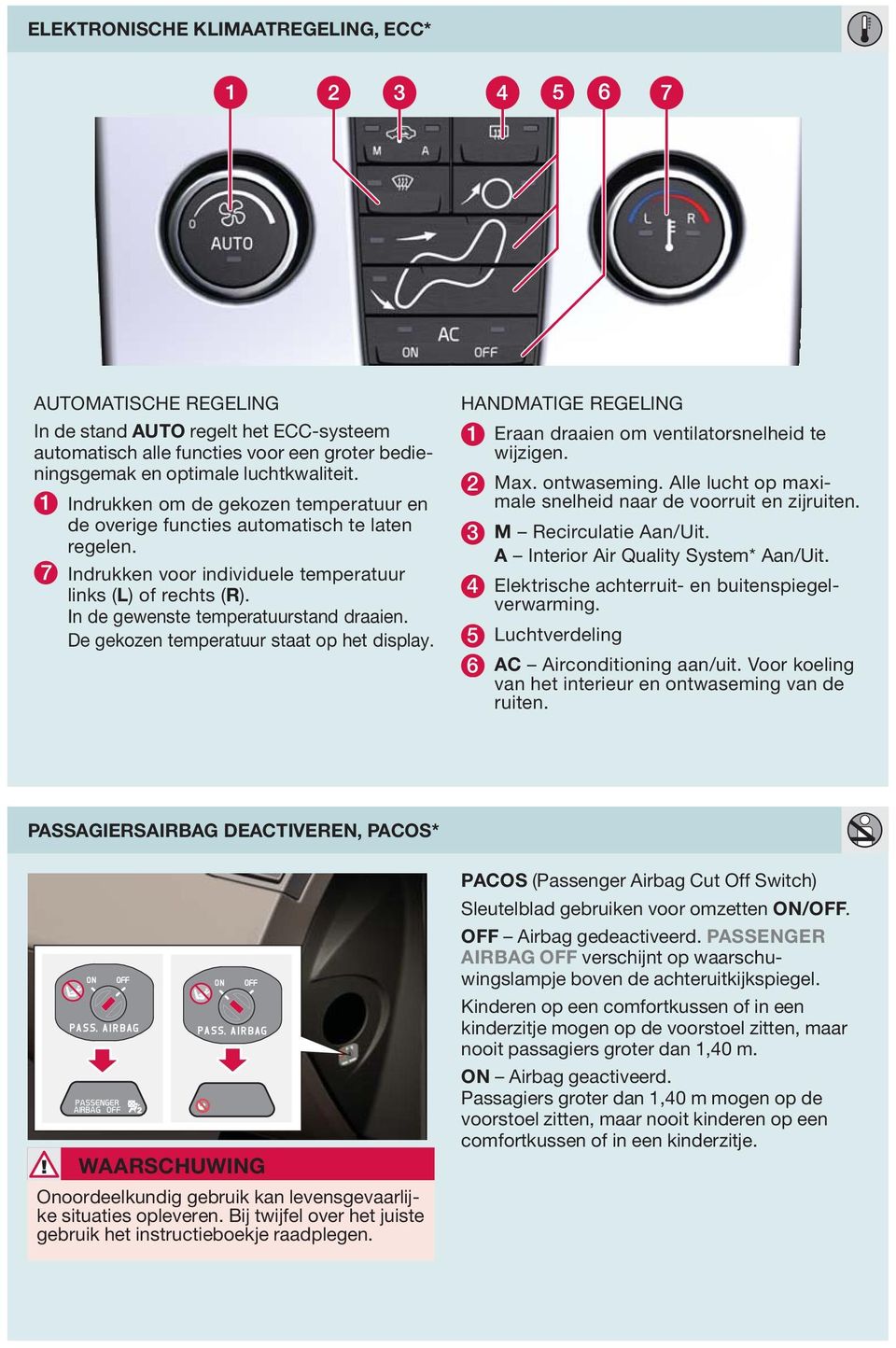 De gekozen temperatuur staat op het display. HANDMATIGE REGELING 1 Eraan draaien om ventilatorsnelheid te wijzigen. 2 Max. ontwaseming. Alle lucht op maximale snelheid naar de voorruit en zijruiten.