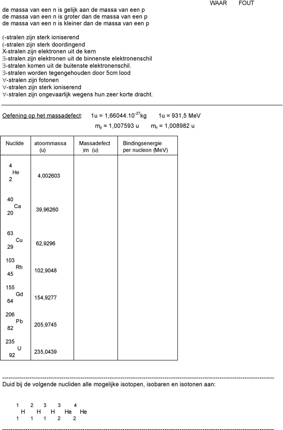 -stralen worden tegengehouden door 5cm lood -stralen zijn fotonen -stralen zijn sterk ioniserend -stralen zijn ongevaarlijk wegens hun zeer korte dracht. Oefening op het massadefect: 1u = 1,66044.