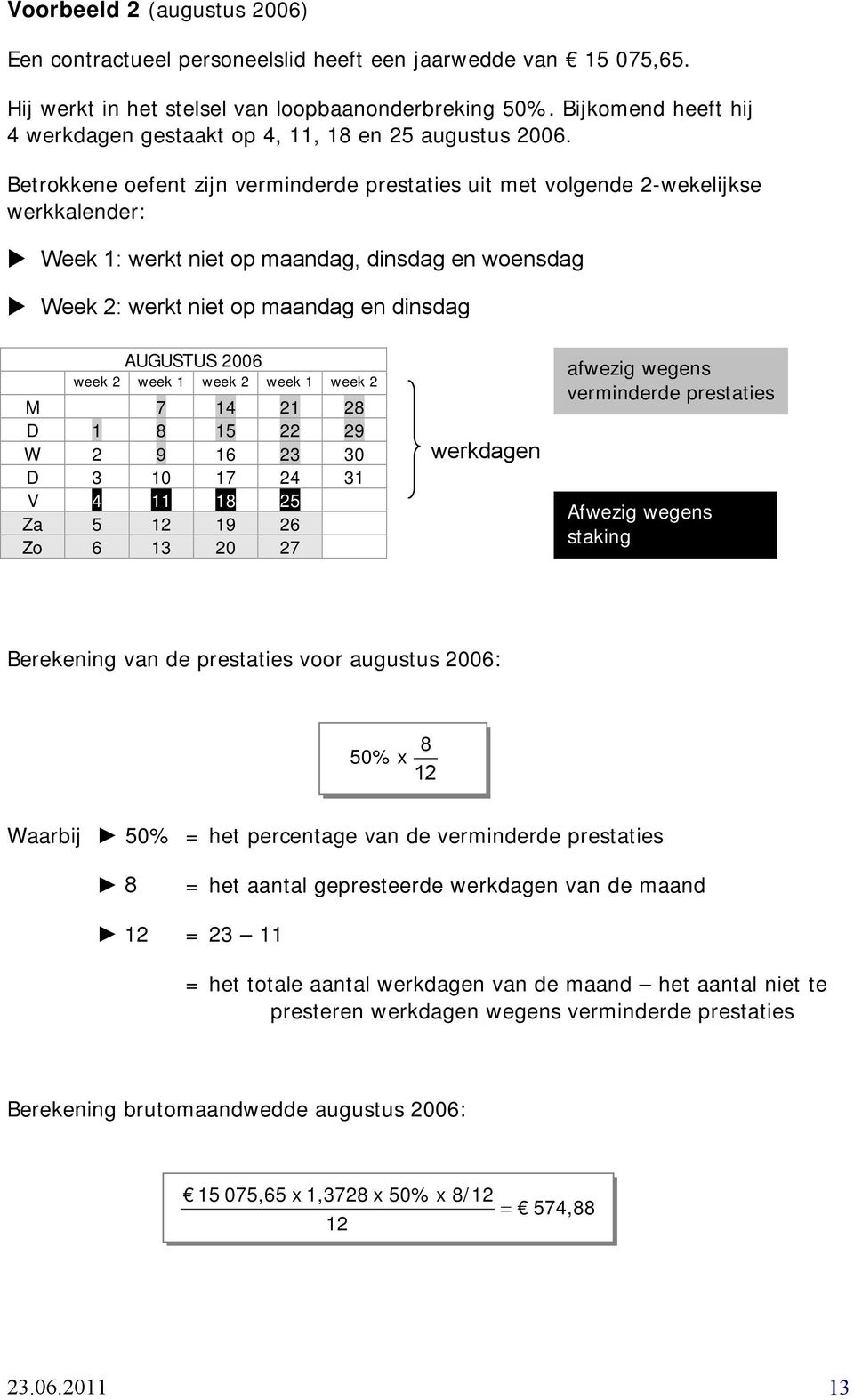 Betrokkene oefent zijn verminderde prestaties uit met volgende 2-wekelijkse werkkalender: Week 1: werkt niet op maandag, dinsdag en woensdag Week 2: werkt niet op maandag en dinsdag AUGUSTUS 2006