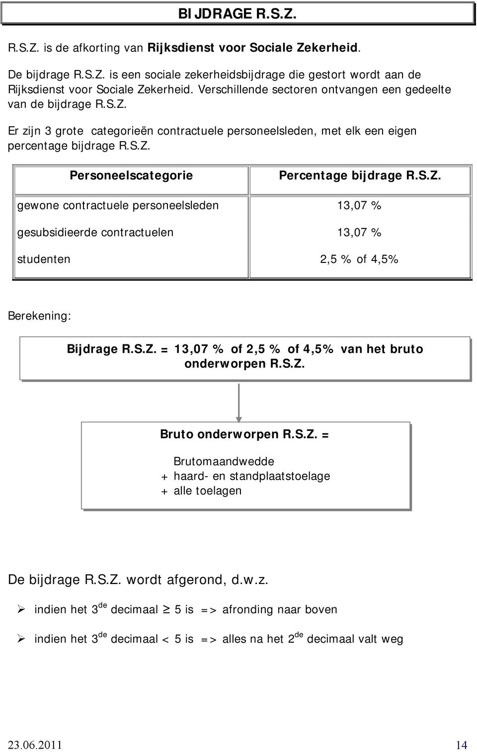 S.Z. gewone contractuele personeelsleden 13,07 % gesubsidieerde contractuelen 13,07 % studenten 2,5 % of 4,5% Berekening: Bijdrage R.S.Z. = 13,07 % of 2,5 % of 4,5% van het bruto onderworpen R.S.Z. Bruto onderworpen R.