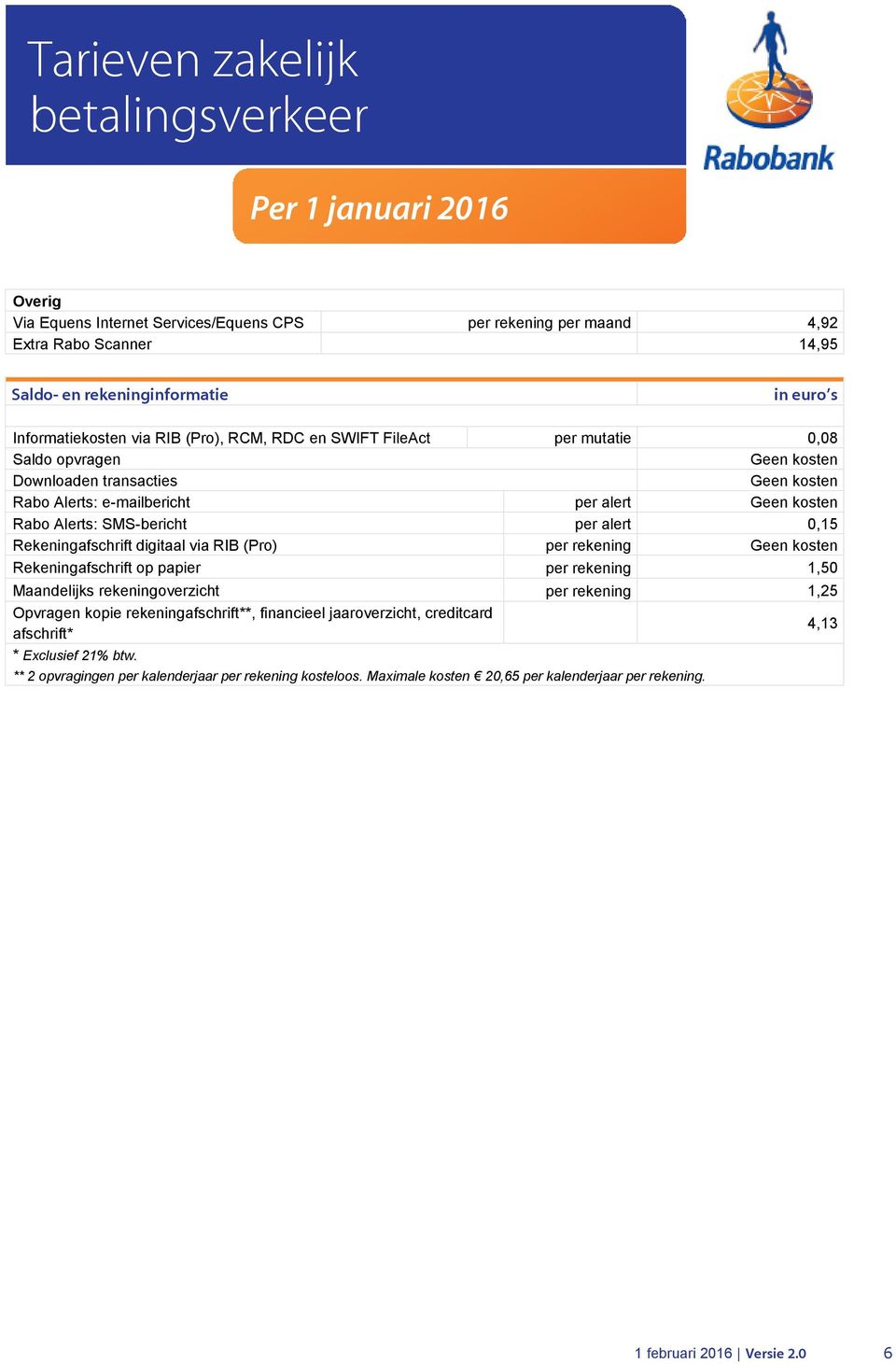 via RIB (Pro) per rekening Geen kosten Rekeningafschrift op papier per rekening 1,50 Maandelijks rekeningoverzicht per rekening 1,25 Opvragen kopie rekeningafschrift**, financieel