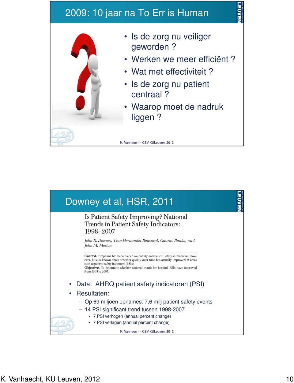 Downey et al, HSR, 2011 Data: AHRQ patient safety indicatoren (PSI) Resultaten: Op 69 miljoen opnames: 7,6 milj