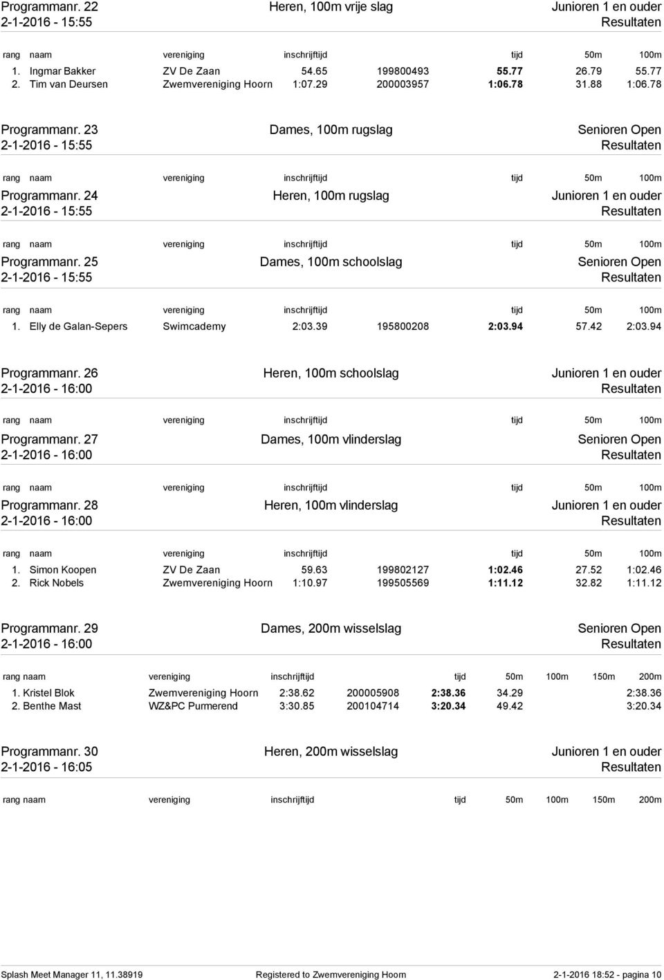 24 Heren, 100m rugslag Junioren 1 en ouder 2-1-2016-15:55 Resultaten 50m 100m Programmanr. 25 Dames, 100m schoolslag Senioren Open 2-1-2016-15:55 Resultaten 50m 100m 1.