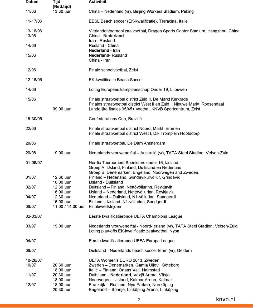 Hangzhou, China 13/06 China - Nederland Iran - Rusland 14/06 Rusland - China Nederland - Iran 15/06 Nederland- Rusland China - Iran 12/06 Finale schoolvoetbal, Zeist 12-16/06 EK-kwalificatie Beach