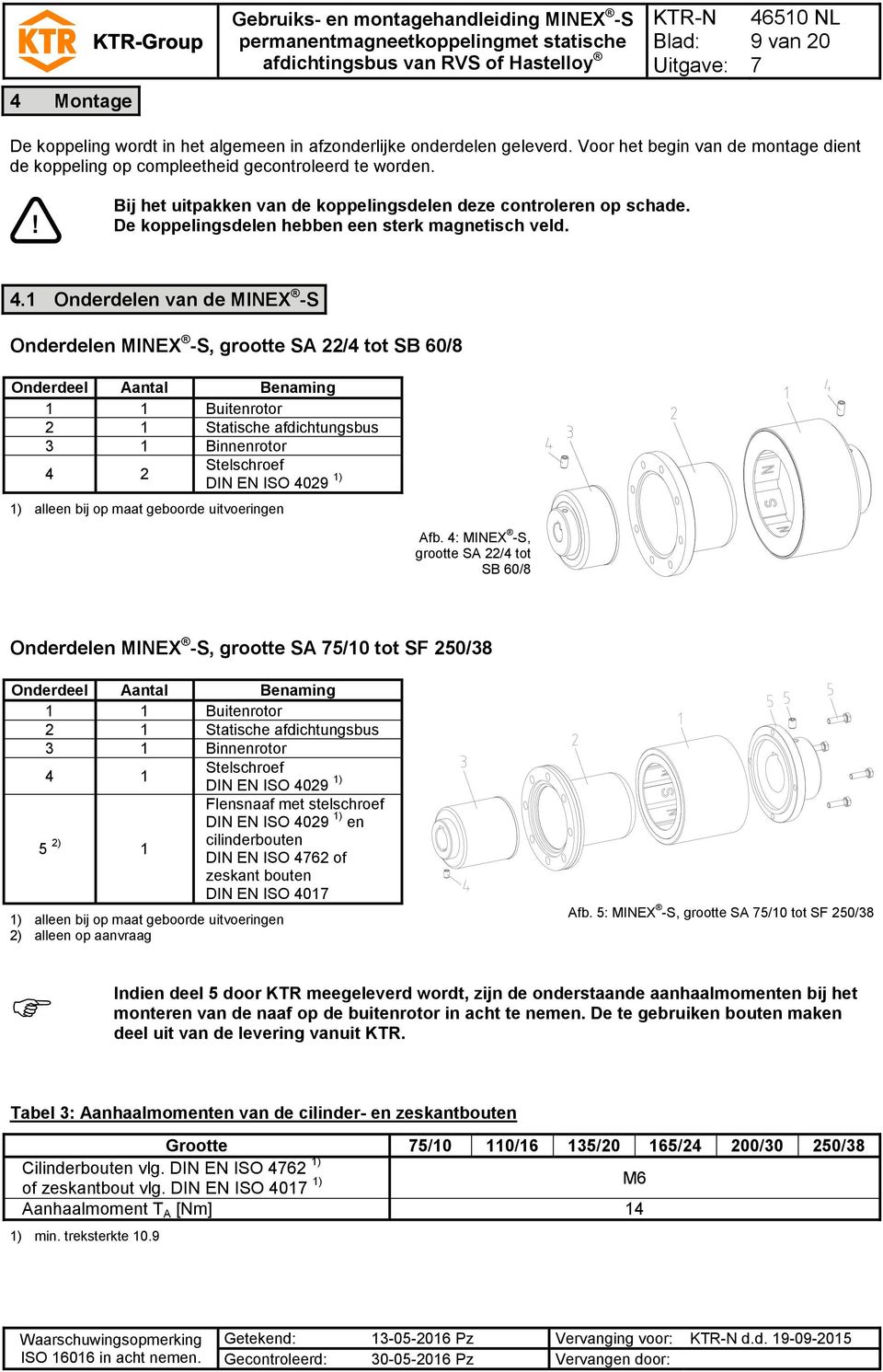1 Onderdelen van de MINEX -S Onderdelen MINEX -S, grootte SA 22/4 tot SB 60/8 Onderdeel Aantal Benaming 1 1 Buitenrotor 2 1 Statische afdichtungsbus 3 1 Binnenrotor 4 2 Stelschroef DIN EN ISO 4029 1)
