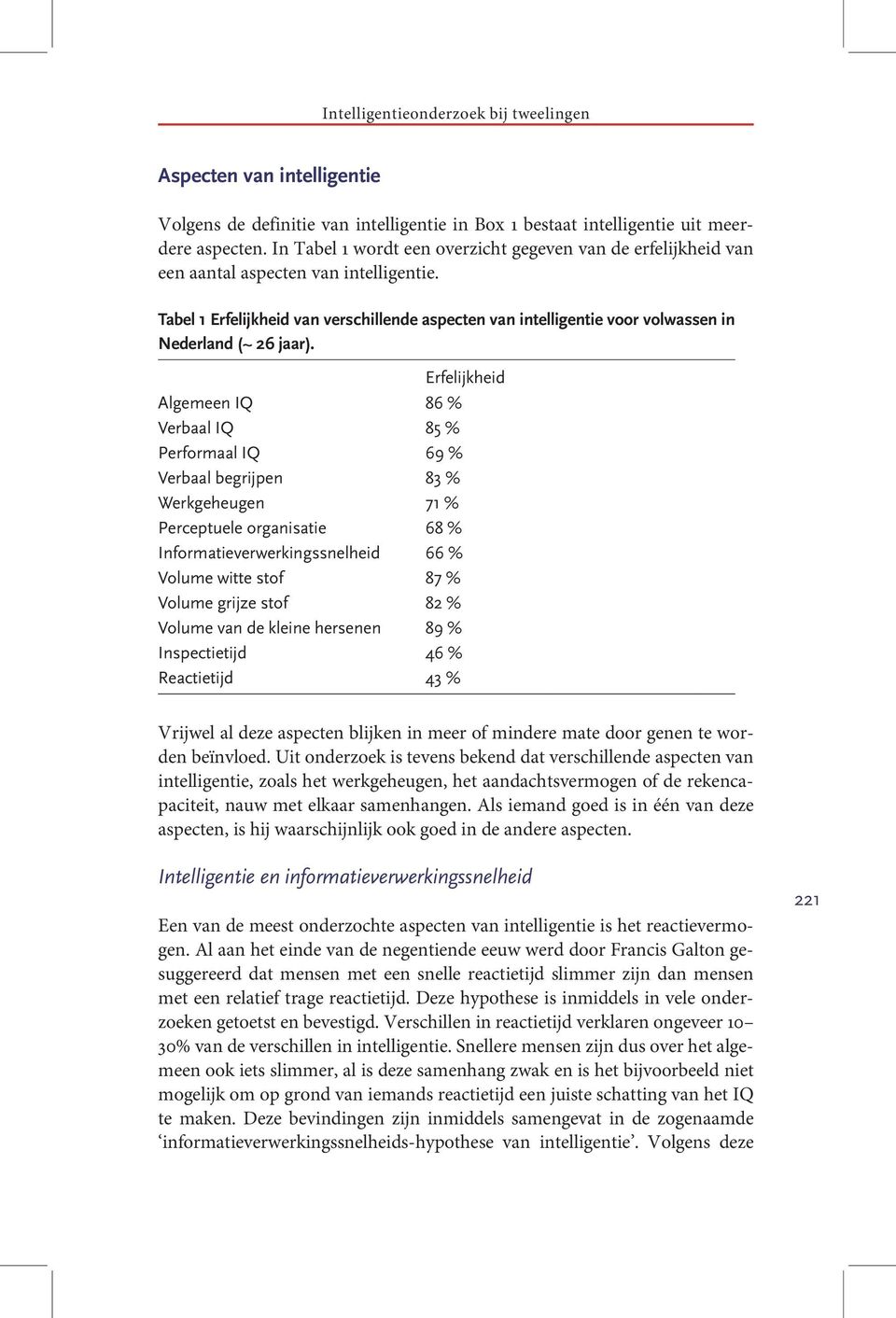 Tabel 1 Erfelijkheid van verschillende aspecten van intelligentie voor volwassen in Nederland (~ 26 jaar).