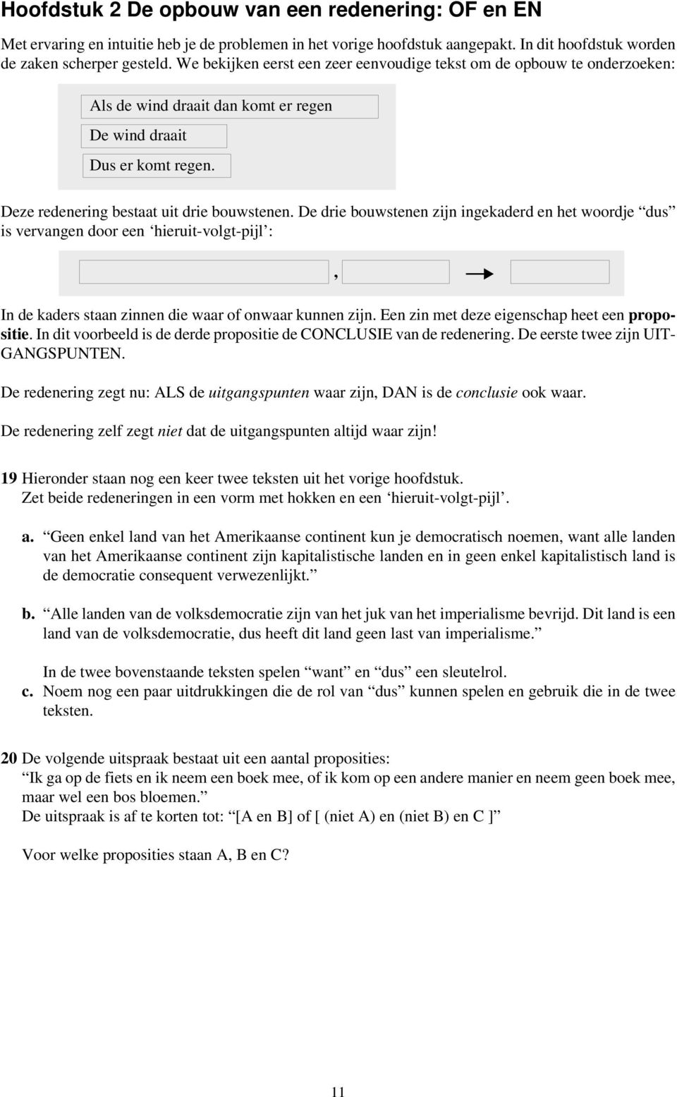 De drie bouwstenen zijn ingekaderd en het woordje dus is vervangen door een hieruit-volgt-pijl : In de kaders staan zinnen die waar of onwaar kunnen zijn.