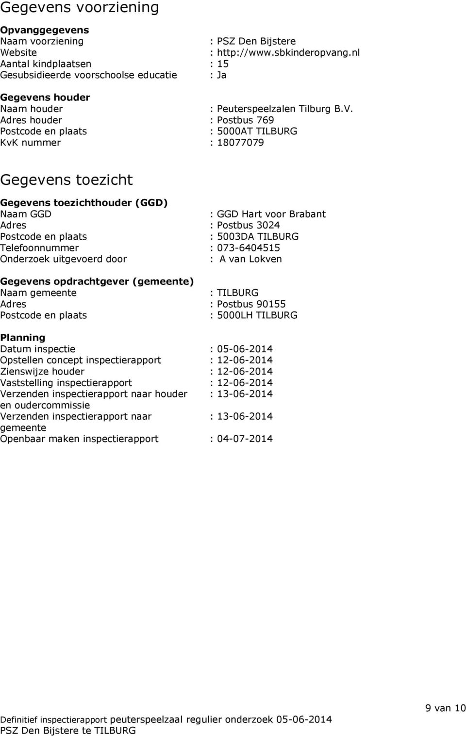 Adres houder : Postbus 769 Postcode en plaats : 5000AT TILBURG KvK nummer : 18077079 Gegevens toezicht Gegevens toezichthouder (GGD) Naam GGD : GGD Hart voor Brabant Adres : Postbus 3024 Postcode en