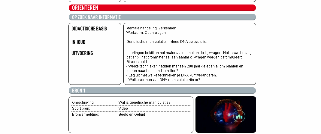 In één oogopslag: titel, ondertitel, niveau, vak, tijdsduur, kernthema en subthema (volgens leerdoelenmatrix), onderwerp en samenvatting. Figuur 11.