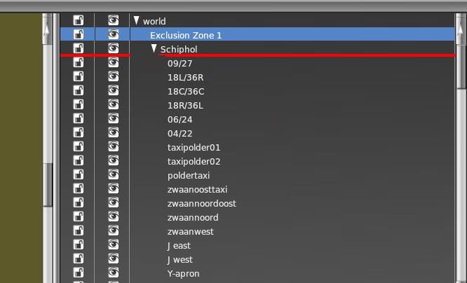 Mogelijk staat de exclusion zone nog direct onder World in dat geval versleep je de omschrijving van de exclusion zone naar een positie van het vliegveld.