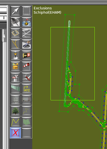 In de rechterpaneel zie je dat de exclusion zone is toegevoegd aan de lijst met objecten. Nu is het belangrijk dat de exclusion zones deel uit maken van de objecten van het vliegveld.