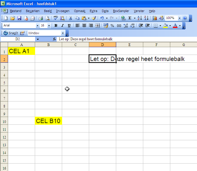 KG-publicatie nr. 18. Eenvoudige statistische berekeningen met behulp van Excel Figuur 2.1. De velden A1, B10, D2 op Blad1 met de aanduiding formulebalk.
