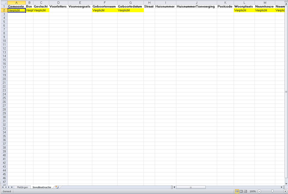 Bijlage: Excelformat en toelichting verplichte velden In onderstaande tabel is de indeling en kolomformaat van het te versturen Excel-bestand weergegeven.